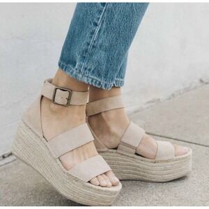 Soludos Palma Nude Beige Suede Leather Espadrille Platform Wedge Sandal Size 8.5